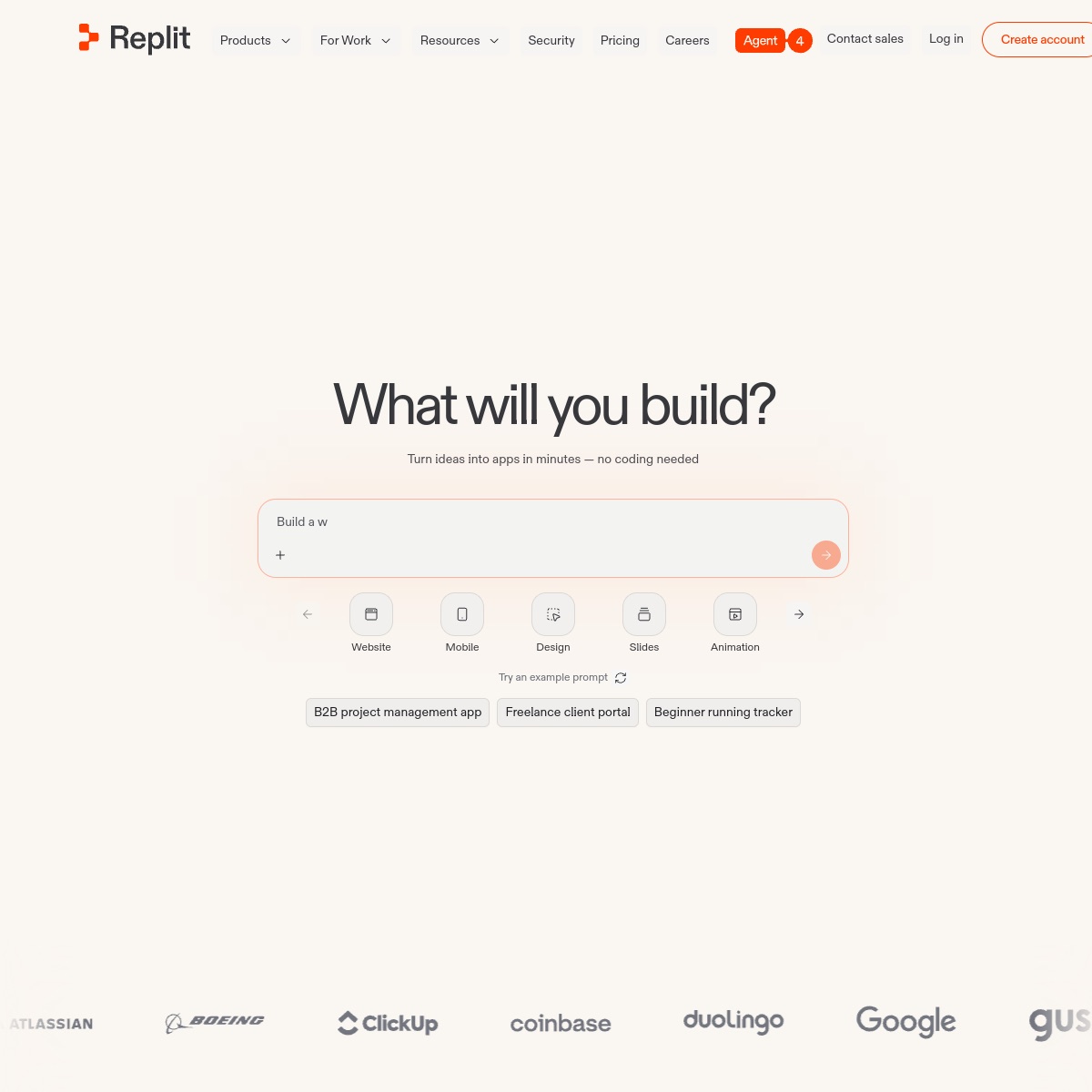Replit Agent homepage screenshot
